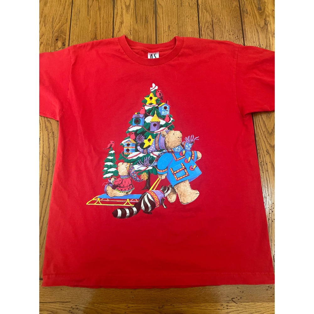 Atlas Sportswear Christmas Teddy Bear Raccoon‎ Red T-Shirt Womens Medium Holiday